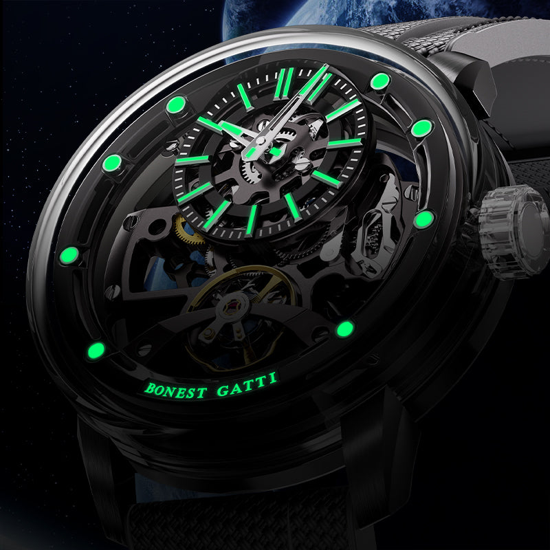 BONEST GATTI Automatic Movement Round Shaped Carbon Fiber Dial watch 316L Case Dome Sapphire Crystal Fluororubber Strap 3ATM Waterproof Luminous BG4003
