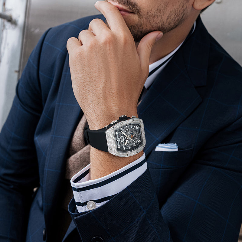 BONEST GATTI Automatic Zircon Bezel Barrel Shaped Skeleton Sapphire Crystal Watch BG5004