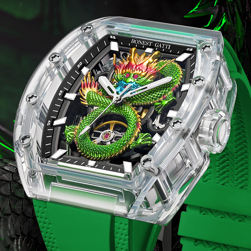 BONEST GATTI Crystal Case Dragon Barrel shaped Skeleton Movement K9 Crystal Case Fluororubber Strap Watch Luminous GB9980