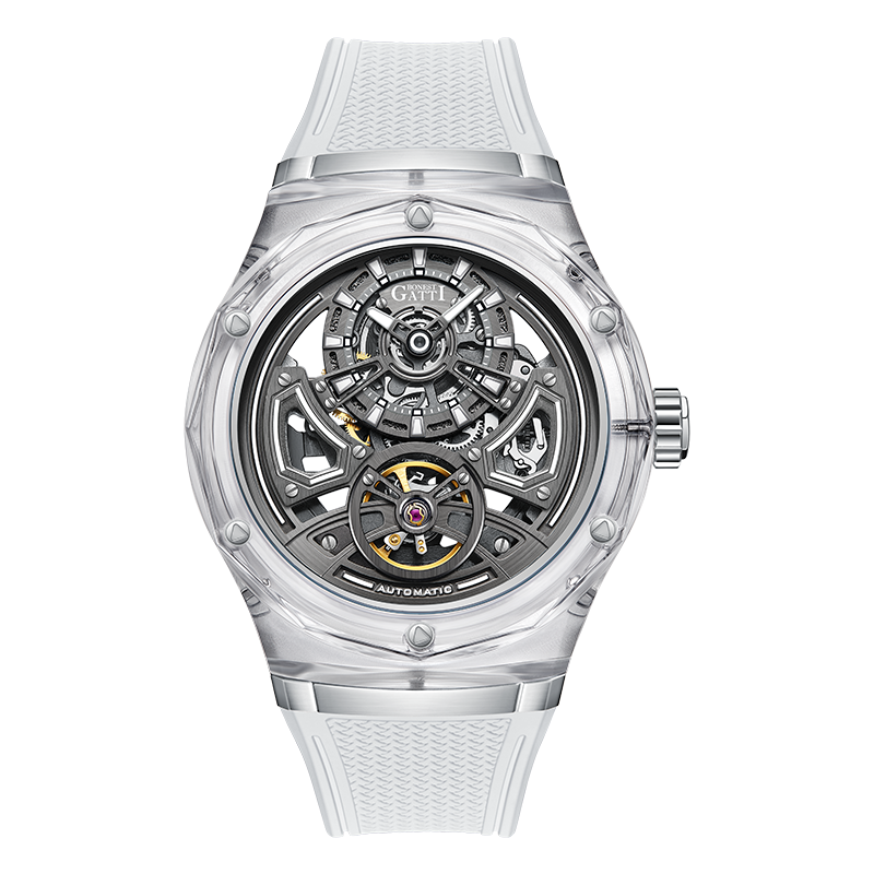BONEST GATTI Transparent Case Dodecagon Bezel Automatic Skeleton Movement Round Shaped Fluororubber Strap Watch BG-5807