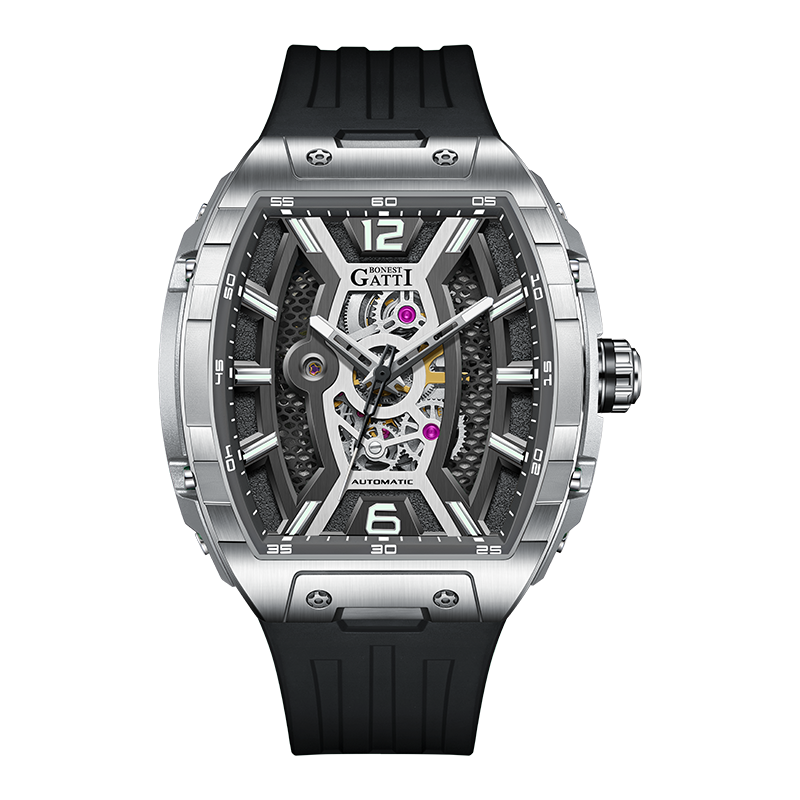 BONEST GATTI Automatic Tonneau Men Watch Barrel shaped Case Skeleton Self Wind Movement Wristwatch Luminous BG5601