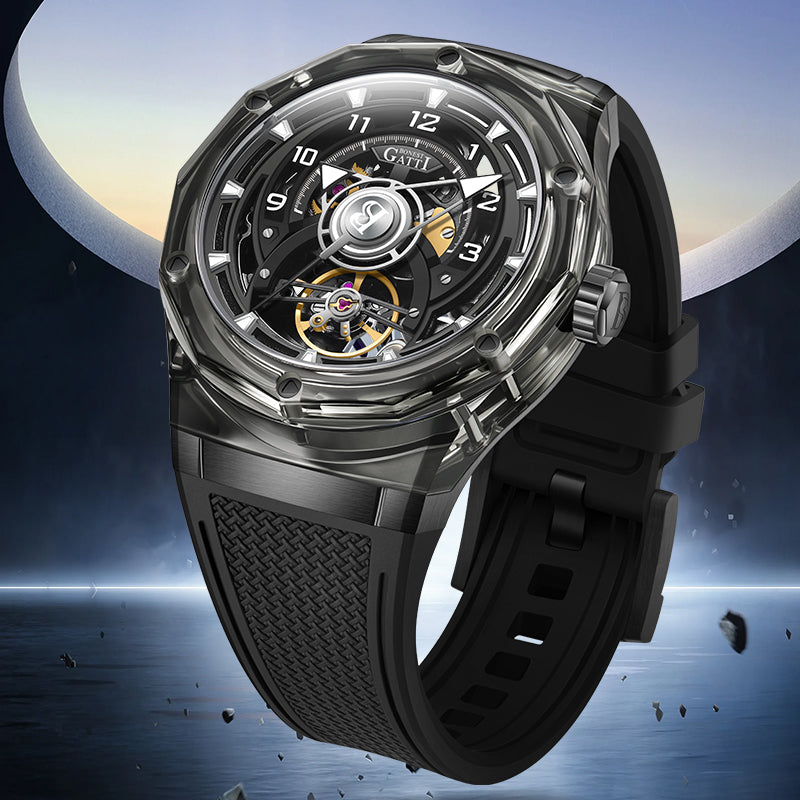 BONEST GATTI Transparent Case Dodecagon Bezel Automatic Skeleton Movement Round Shaped Fluororubber Strap Watch BG6003-R2