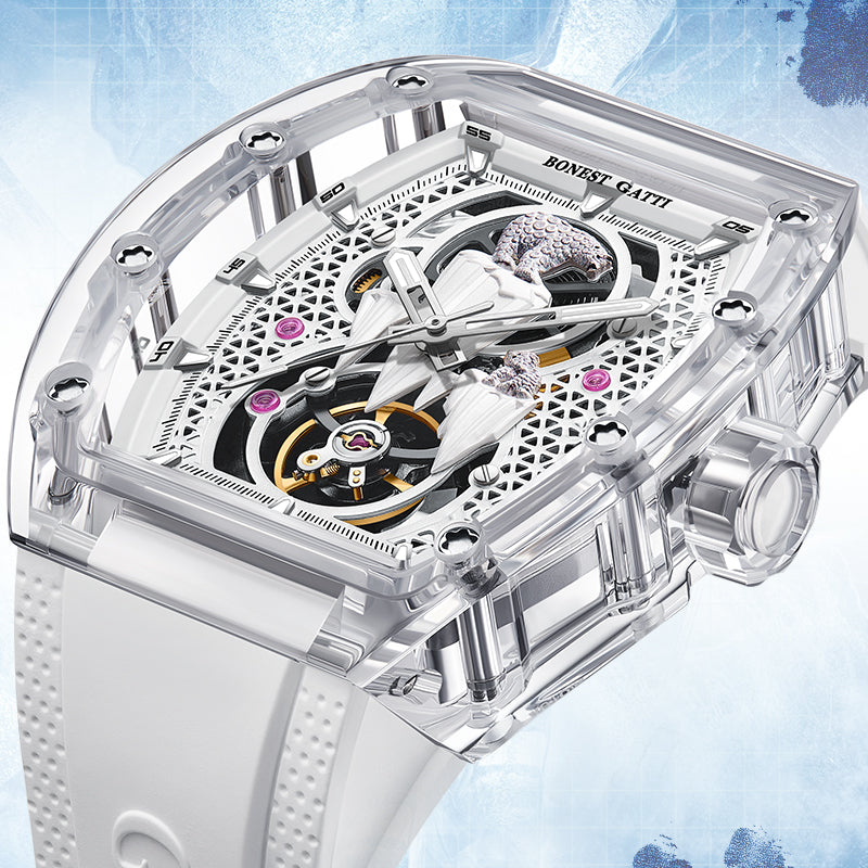 BONEST GATTI Crystal Case 3D Polar Bear Tonneau shaped Skeleton Movement K9 Crystal Case Fluororubber Strap Watch Luminous GB6002