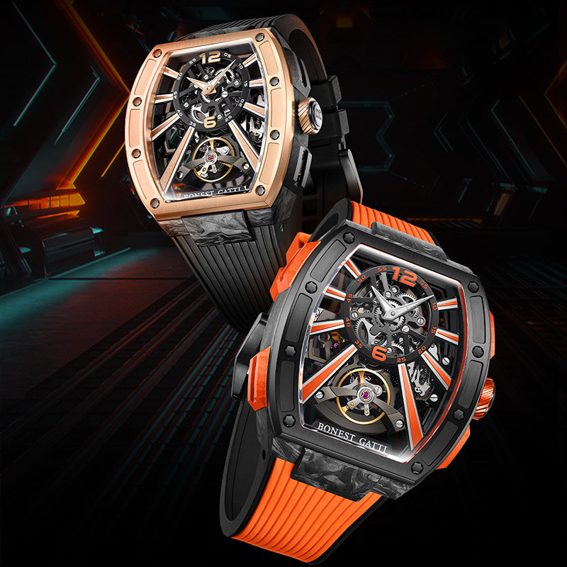 Carbon fiber+fine Steel Case Barrel shaped sapphire crystal watch Skeleton Movement Watch BG9950