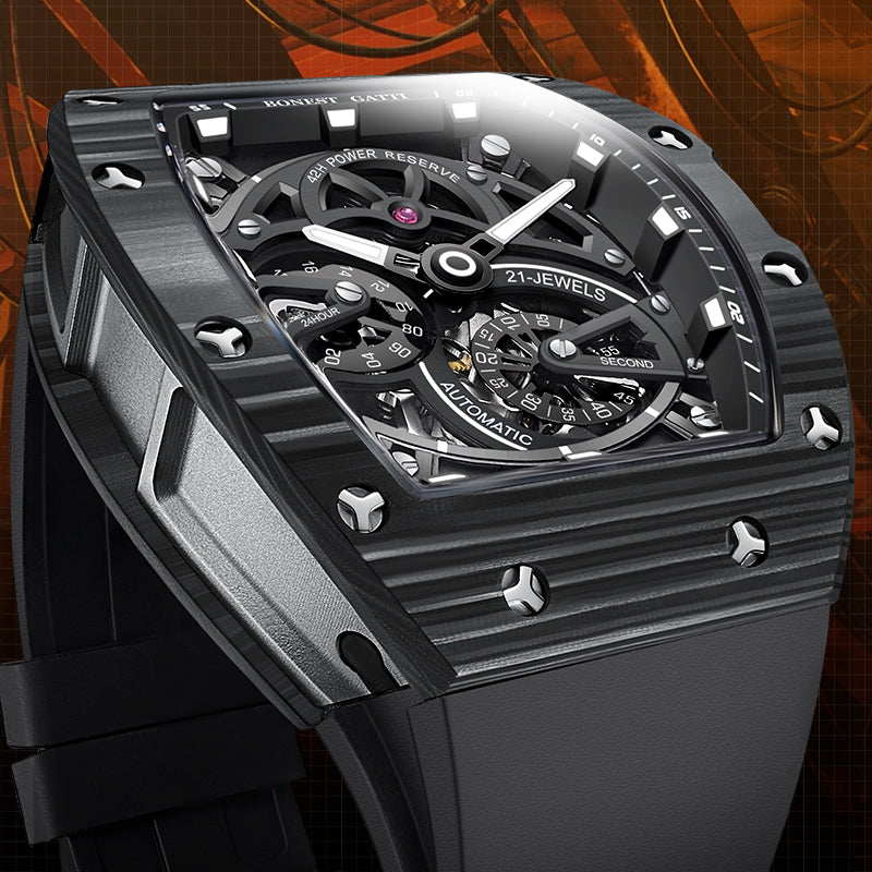 BONEST GATTI Carbon Fiber + Aluminum Alloy Case Barrel Shaped Tonneau Watch Skeleton Movement Sapphire Crystal Quick-Release Strap Watch BG9004
