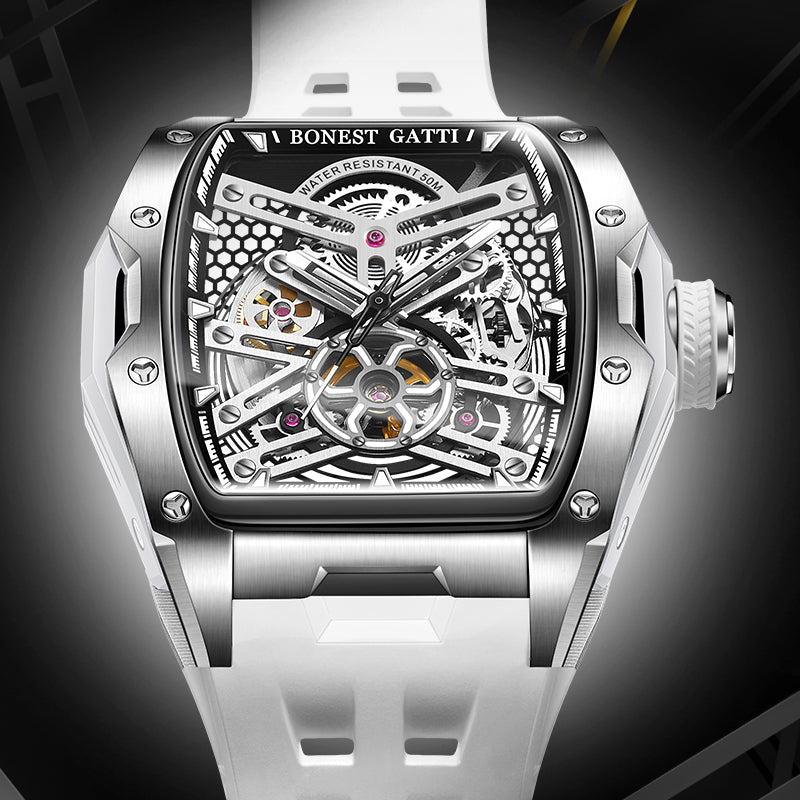 BONEST GATTI Tonneau Automatic Men Watch Skeleton Self Wind Movement Barrel shaped Case Luminous BG5502