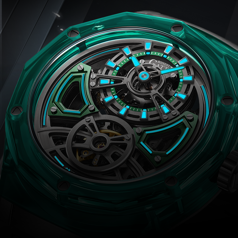 BONEST GATTI Transparent Case Dodecagon Bezel Automatic Skeleton Movement Round Shaped Fluororubber Strap Watch BG-5807