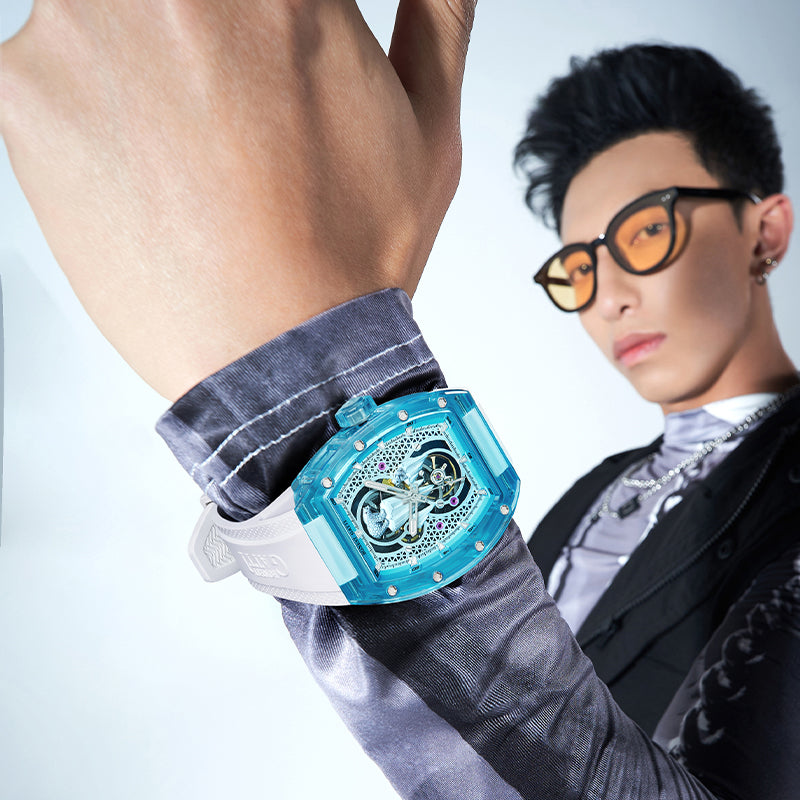 BONEST GATTI Crystal Case 3D Polar Bear Tonneau shaped Skeleton Movement K9 Crystal Case Fluororubber Strap Watch Luminous GB6002
