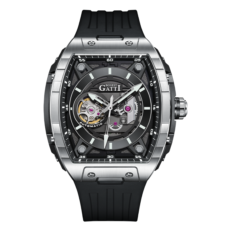 BONEST GATTI Tonneau Automatic Men Watch Barrel shaped Skeleton Self Wind Movement Watch Sapphire Crystal Luminous BG5602
