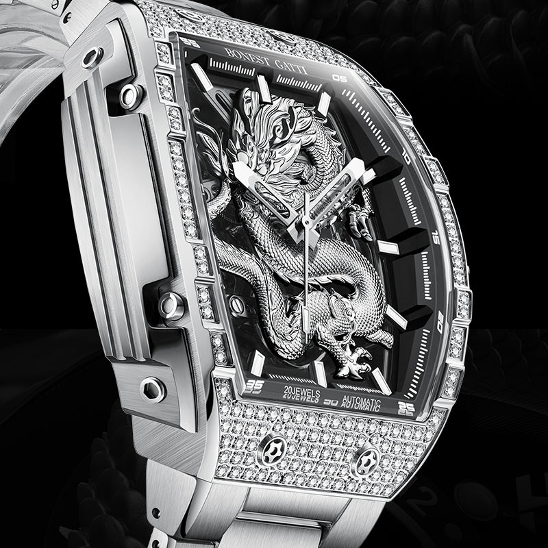 BONEST GATTI Barrel Dragon 185 Zircon Stones Bezel Stainless Steel Bracelet Men's Automatic Mechanical Watch Luminous BG5605L