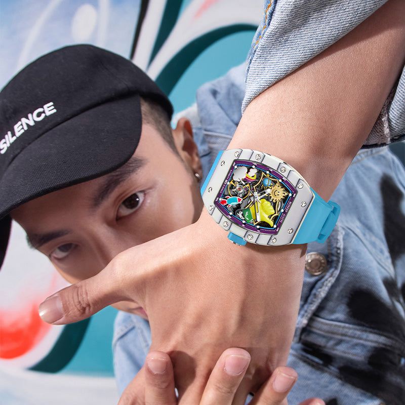 BONEST GATTI Carbon fiber + Aluminum alloy Case Barrel shaped Thumbs Up Series funny watch Skeleton Movement Crystal Sapphire Watch BG9001