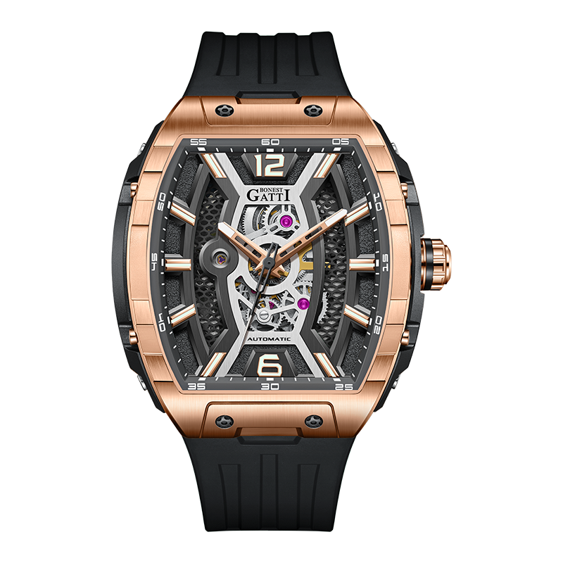 BONEST GATTI Automatic Tonneau Men Watch Barrel shaped Case Skeleton Self Wind Movement Wristwatch Luminous BG5601