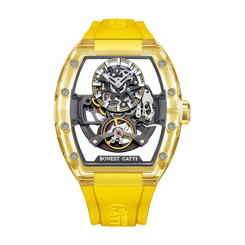 BONEST GATTI Barrel shaped K9 Crystal case Skeleton Movement Fluororubber Strap Watch Luminous BG6005