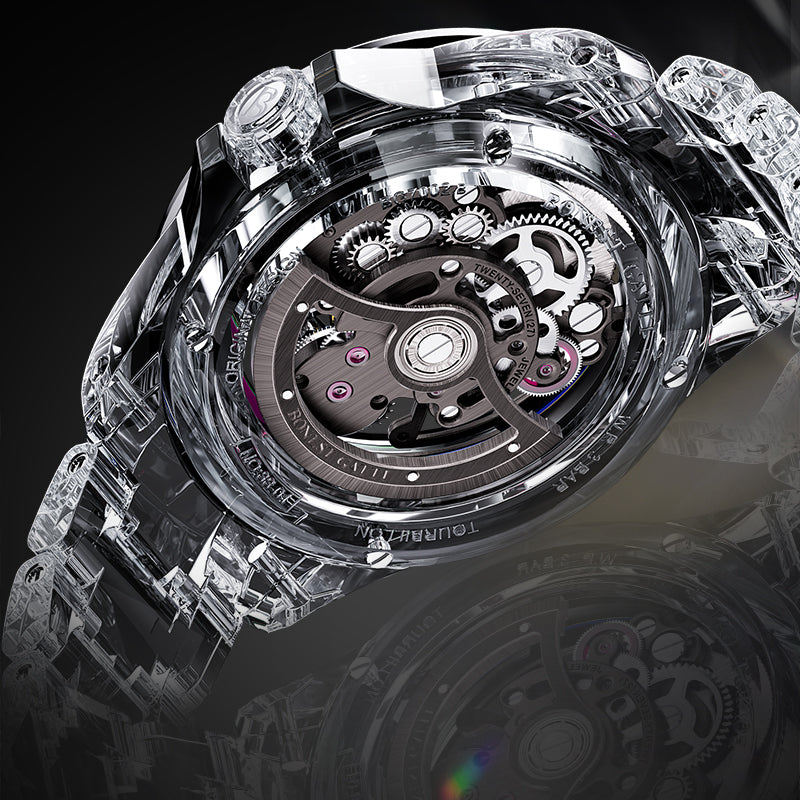 BONEST GATTI Automatic Tourbillon Movement Transparent K9 Crystal Case Skeleton Dial Sapphire Watch Crystal Rainbow Bezel K9 Crystal Bracelet 3ATM Waterproof Luminous BG7002