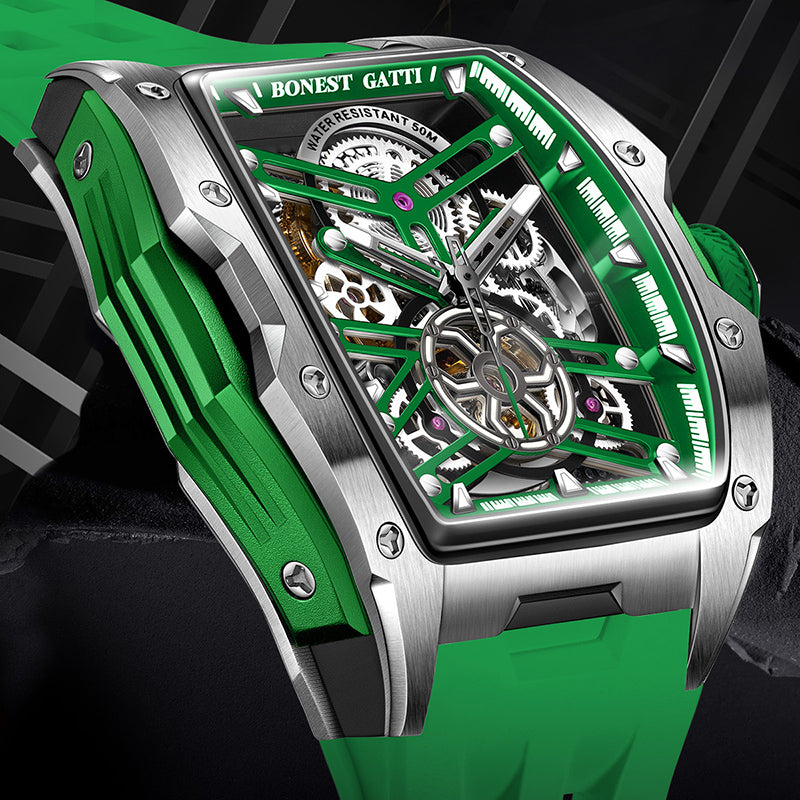 BONEST GATTI Tonneau Automatic Men Watch Skeleton Self Wind Movement Barrel shaped Case Luminous BG5502