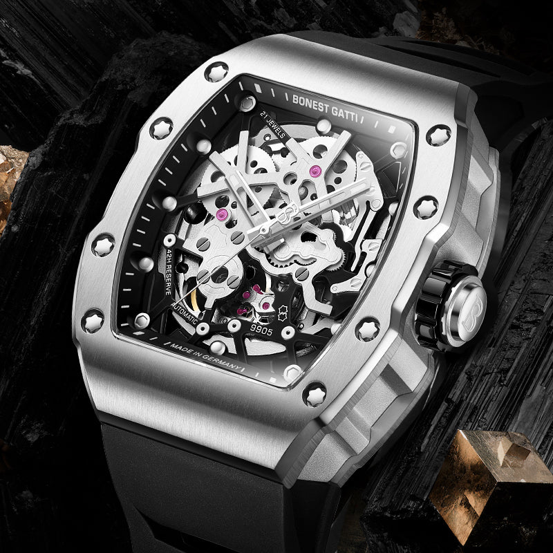 BONEST GATTI Barrel shaped Skeleton Sapphire Crystal CITIZEN Movement Watch BG9905