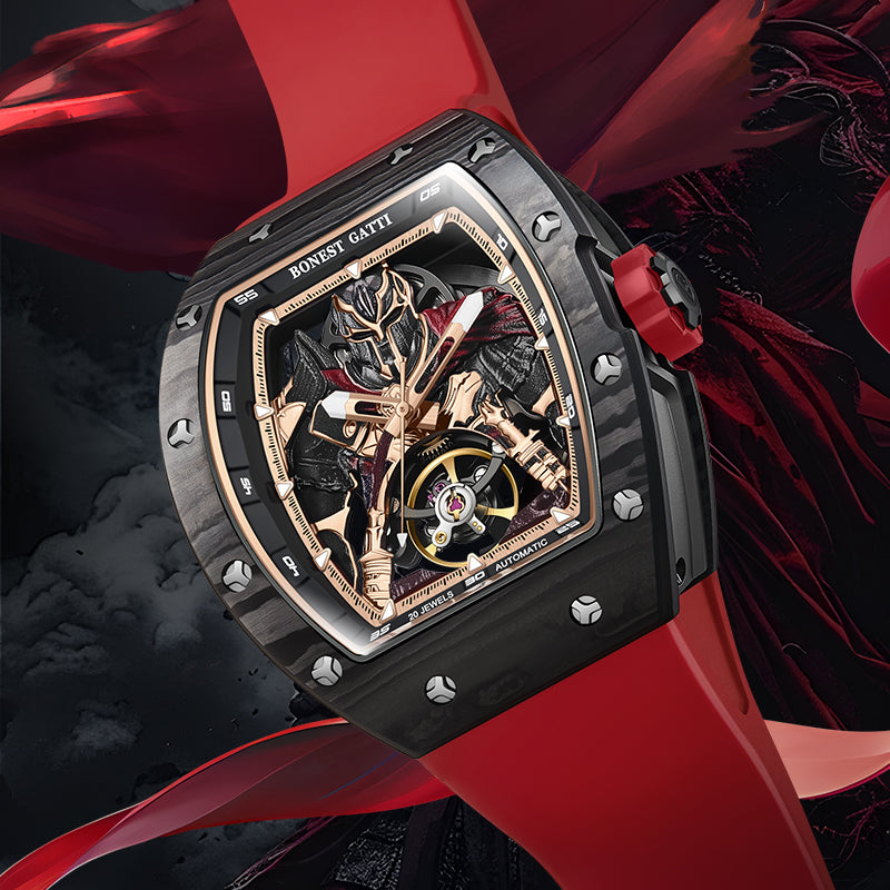 BONEST GATTI Automatic Tonneau Watch Spartan Warrior Series Carbon Fiber Skeleton Self Wind Movement Sapphire Crystal Luminous Watch BG9009