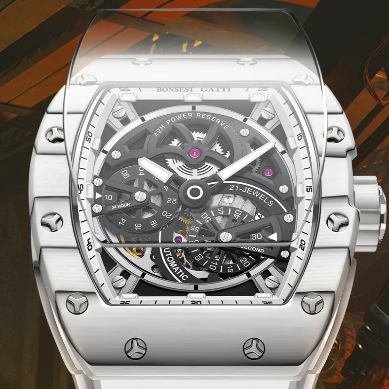 BONEST GATTI Carbon Fiber + Aluminum Alloy Case Barrel Shaped Tonneau Watch Skeleton Movement Sapphire Crystal Quick-Release Strap Watch BG9004
