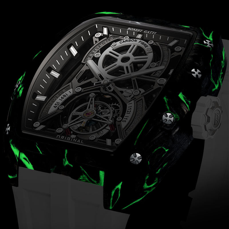 BONEST GATTI Automatic Tourbillon Movement Tonneau Shaped Forged Carbon Fiber Case Sapphire Crystal Fluororubber Strap Luminous BG7003
