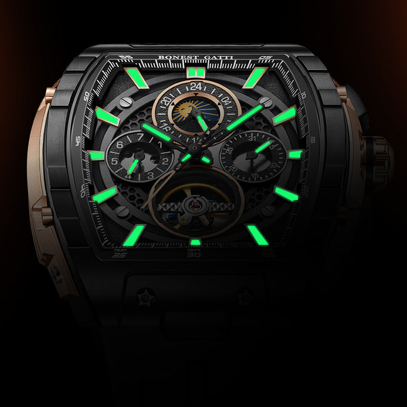 BONEST GATTI Automatic Tonneau Watch Calendar Week Display Skeleton Self Wind Movement Sapphire Crystal Luminous Watch BG5005