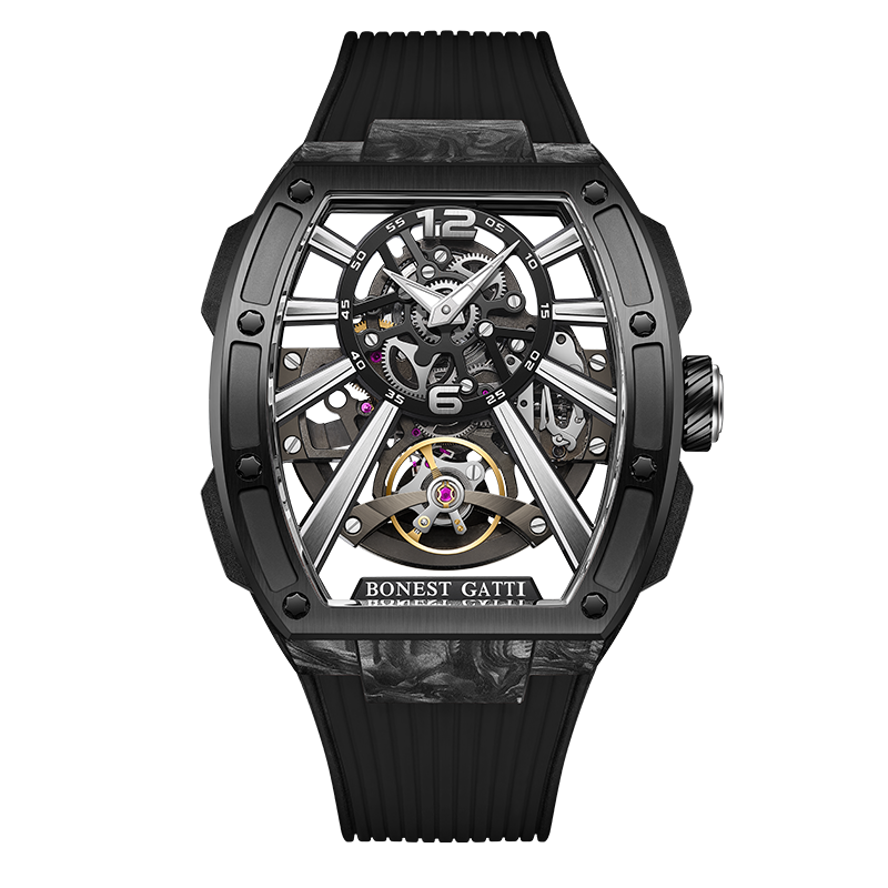 Carbon fiber+fine Steel Case Barrel shaped sapphire crystal watch Skeleton Movement Watch BG9950