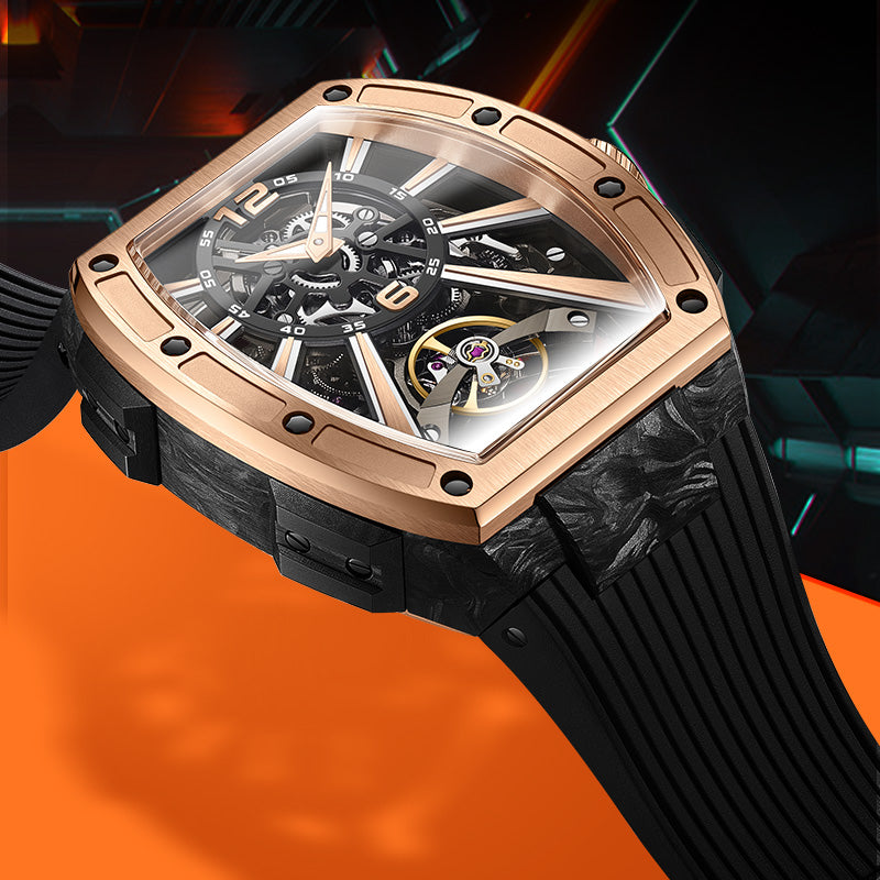 Carbon fiber+fine Steel Case Barrel shaped sapphire crystal watch Skeleton Movement Watch BG9950