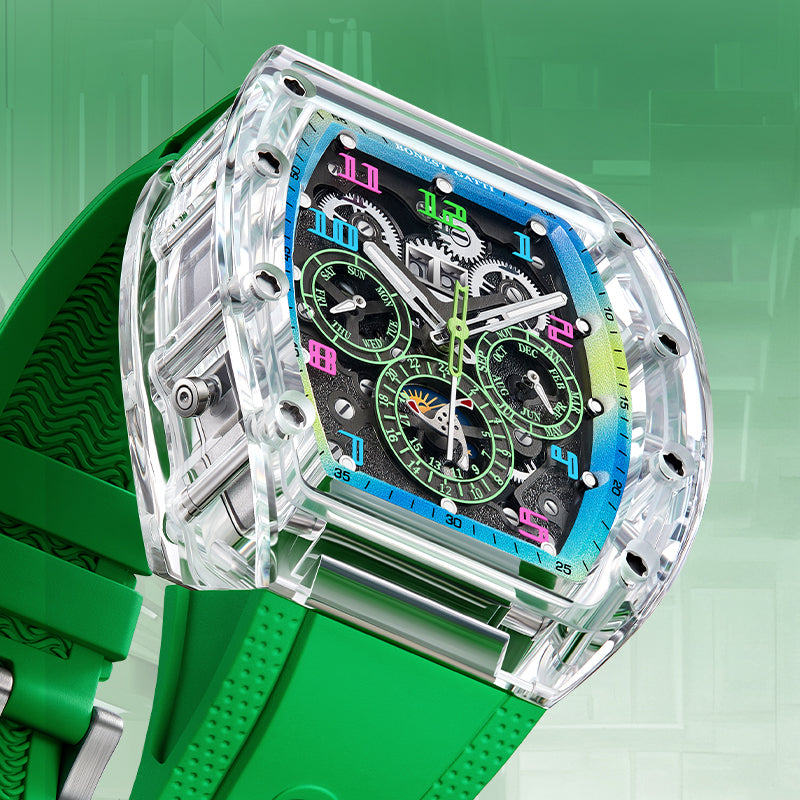 BONEST GATTI Barrel shaped Skeleton Movement K9 Crystal Case Fluororubber Strap Watch Luminous BG9920