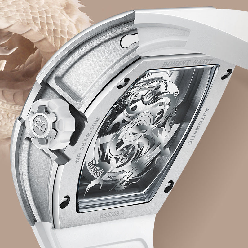 BONEST GATTI Tonneau Shaped Dragon theme frosted gold finishing Case Men's Automatic Mechanical Watch Luminous BG5003