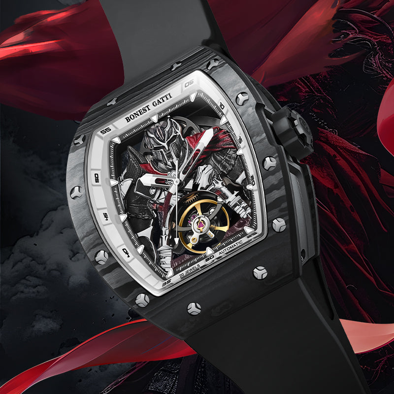 BONEST GATTI Automatic Tonneau Watch Spartan Warrior Series Carbon Fiber Skeleton Self Wind Movement Sapphire Crystal Luminous Watch BG9009