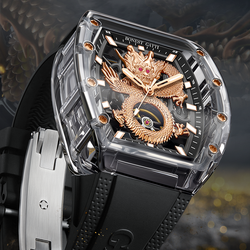 BONEST GATTI Crystal Case Dragon Barrel shaped Skeleton Movement K9 Crystal Case Fluororubber Strap Watch Luminous GB9980