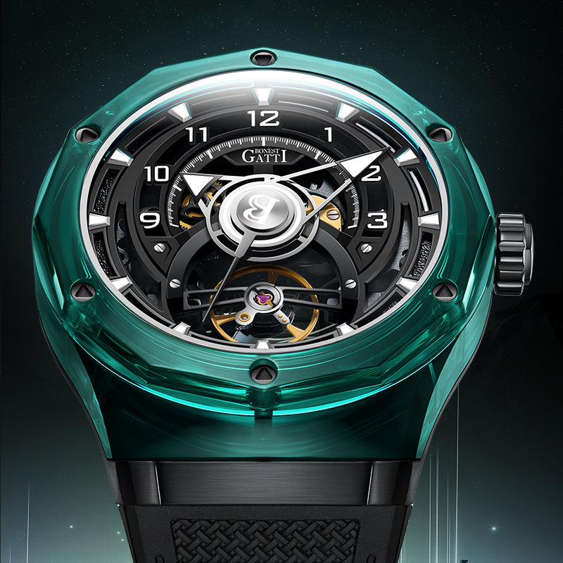 BONEST GATTI Transparent Case Dodecagon Bezel Automatic Skeleton Movement Round Shaped Fluororubber Strap Watch BG6003-R2