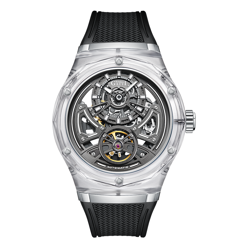 BONEST GATTI Transparent Case Dodecagon Bezel Automatic Skeleton Movement Round Shaped Fluororubber Strap Watch BG-5807