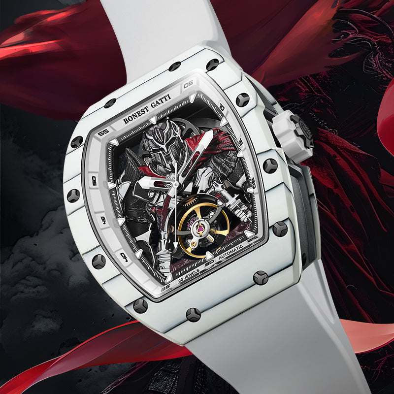 BONEST GATTI Automatic Tonneau Watch Spartan Warrior Series Carbon Fiber Skeleton Self Wind Movement Sapphire Crystal Luminous Watch BG9009