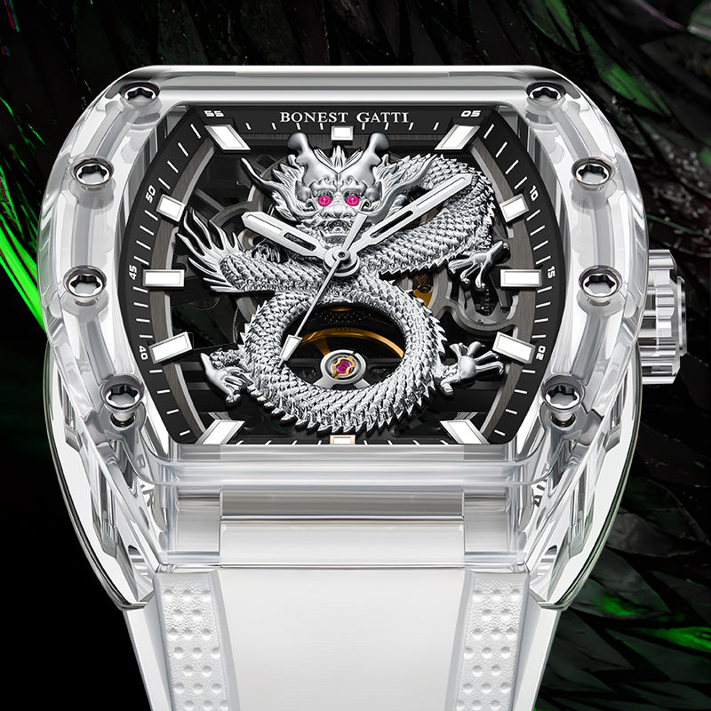BONEST GATTI Crystal Case Dragon Barrel shaped Skeleton Movement K9 Crystal Case Fluororubber Strap Watch Luminous GB9980