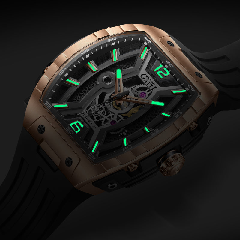 BONEST GATTI Automatic Tonneau Men Watch Barrel shaped Case Skeleton Self Wind Movement Wristwatch Luminous BG5601