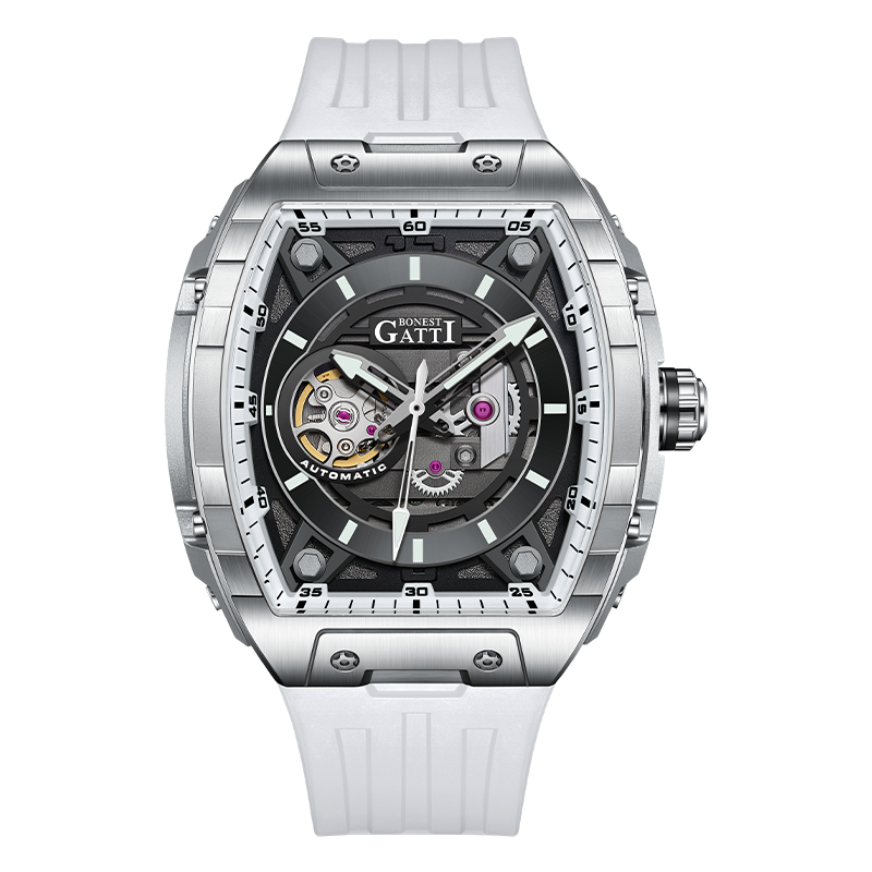 BONEST GATTI Tonneau Automatic Men Watch Barrel shaped Skeleton Self Wind Movement Watch Sapphire Crystal Luminous BG5602