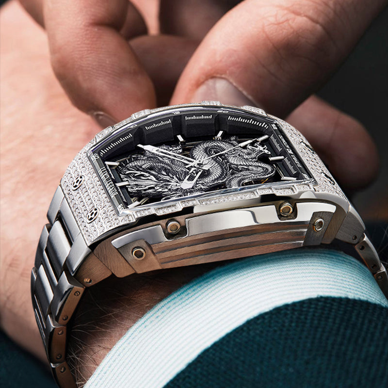 BONEST GATTI Barrel Dragon 185 Zircon Stones Bezel Stainless Steel Bracelet Men's Automatic Mechanical Watch Luminous BG5605L