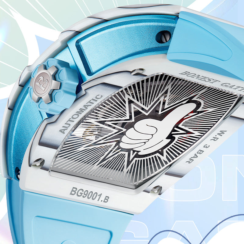 BONEST GATTI Carbon fiber + Aluminum alloy Case Barrel shaped Thumbs Up Series funny watch Skeleton Movement Crystal Sapphire Watch BG9001