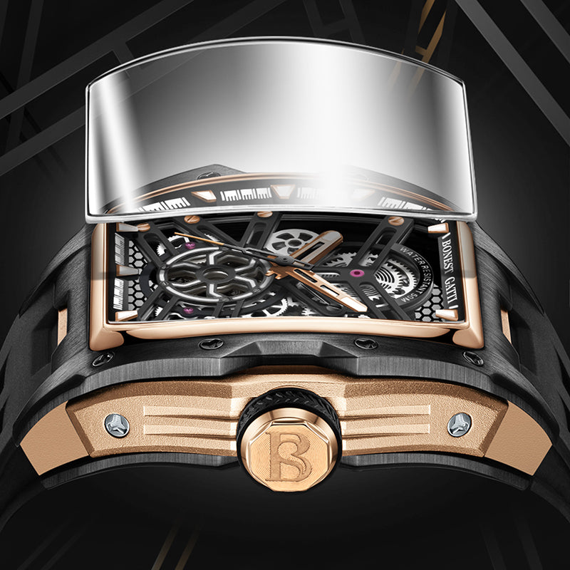 BONEST GATTI Tonneau Automatic Men Watch Skeleton Self Wind Movement Barrel shaped Case Luminous BG5502