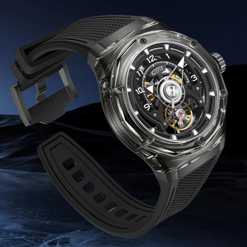 BONEST GATTI Transparent Case Dodecagon Bezel Automatic Skeleton Movement Round Shaped Fluororubber Strap Watch BG6003-R2