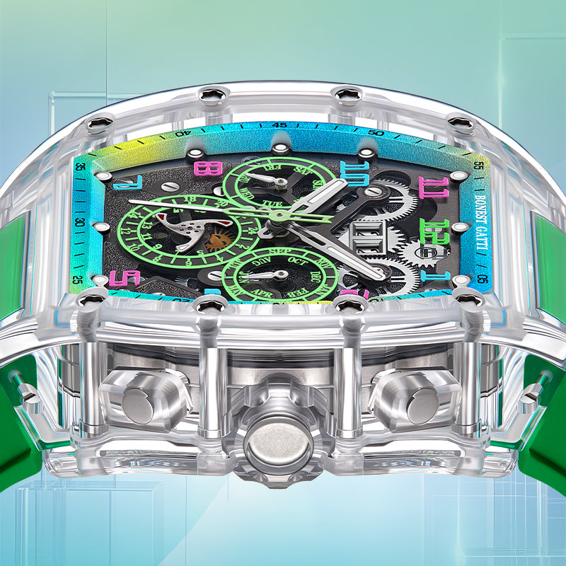 BONEST GATTI Barrel shaped Skeleton Movement K9 Crystal Case Fluororubber Strap Watch Luminous BG9920