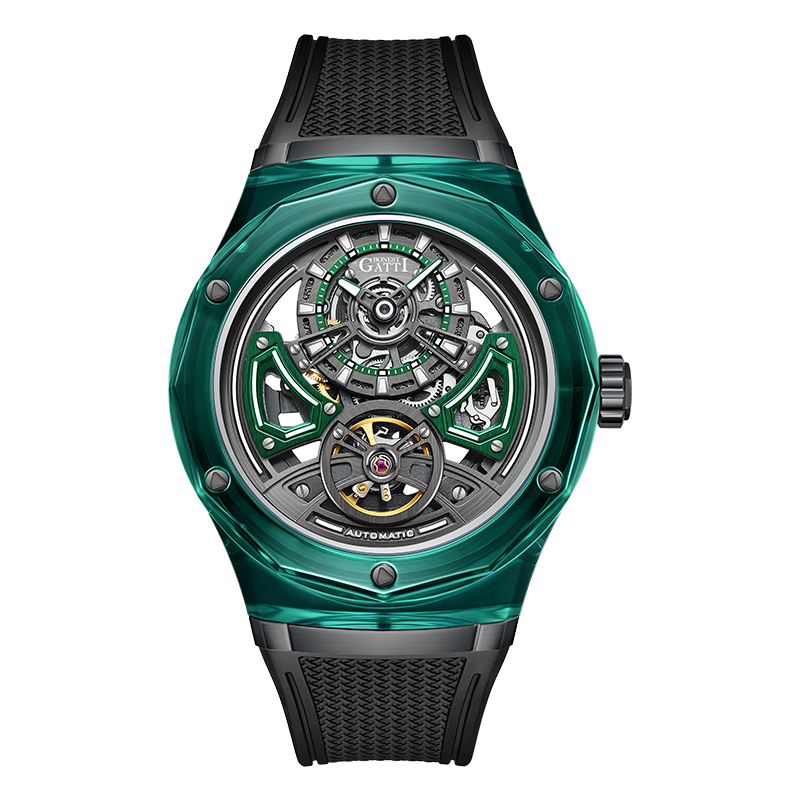 BONEST GATTI Transparent Case Dodecagon Bezel Automatic Skeleton Movement Round Shaped Fluororubber Strap Watch BG-5807