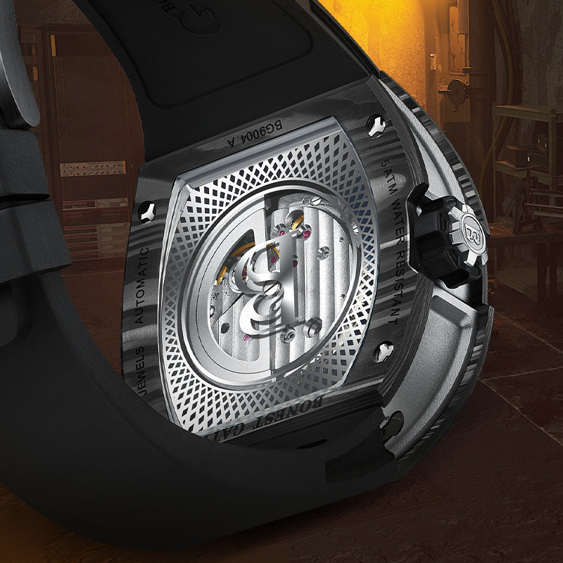 BONEST GATTI Carbon Fiber + Aluminum Alloy Case Barrel Shaped Tonneau Watch Skeleton Movement Sapphire Crystal Quick-Release Strap Watch BG9004