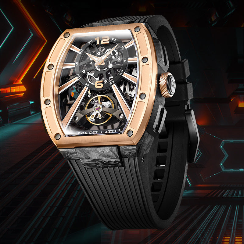 Carbon fiber+fine Steel Case Barrel shaped sapphire crystal watch Skeleton Movement Watch BG9950