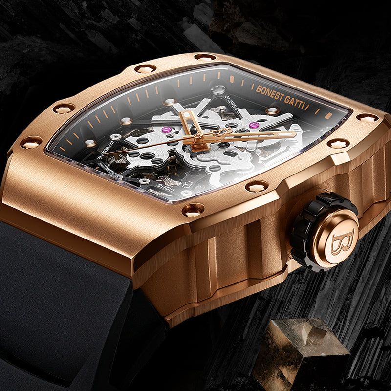 BONEST GATTI Barrel shaped Skeleton Sapphire Crystal CITIZEN Movement Watch BG9905