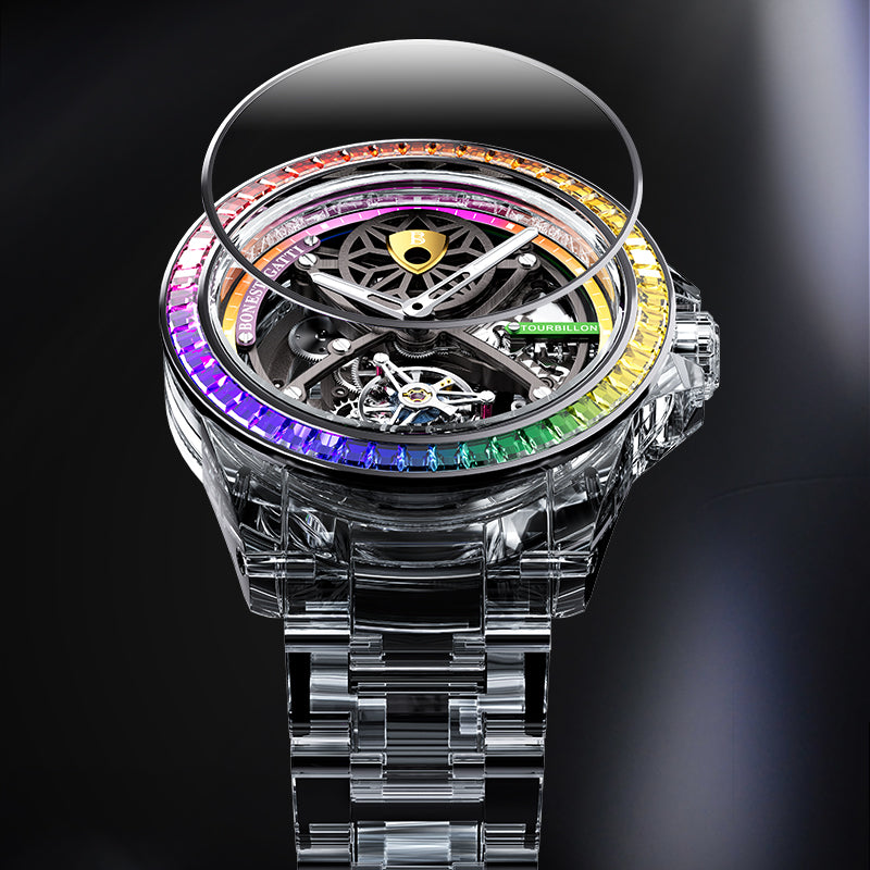 BONEST GATTI Automatic Tourbillon Movement Transparent K9 Crystal Case Skeleton Dial Sapphire Watch Crystal Rainbow Bezel K9 Crystal Bracelet 3ATM Waterproof Luminous BG7002
