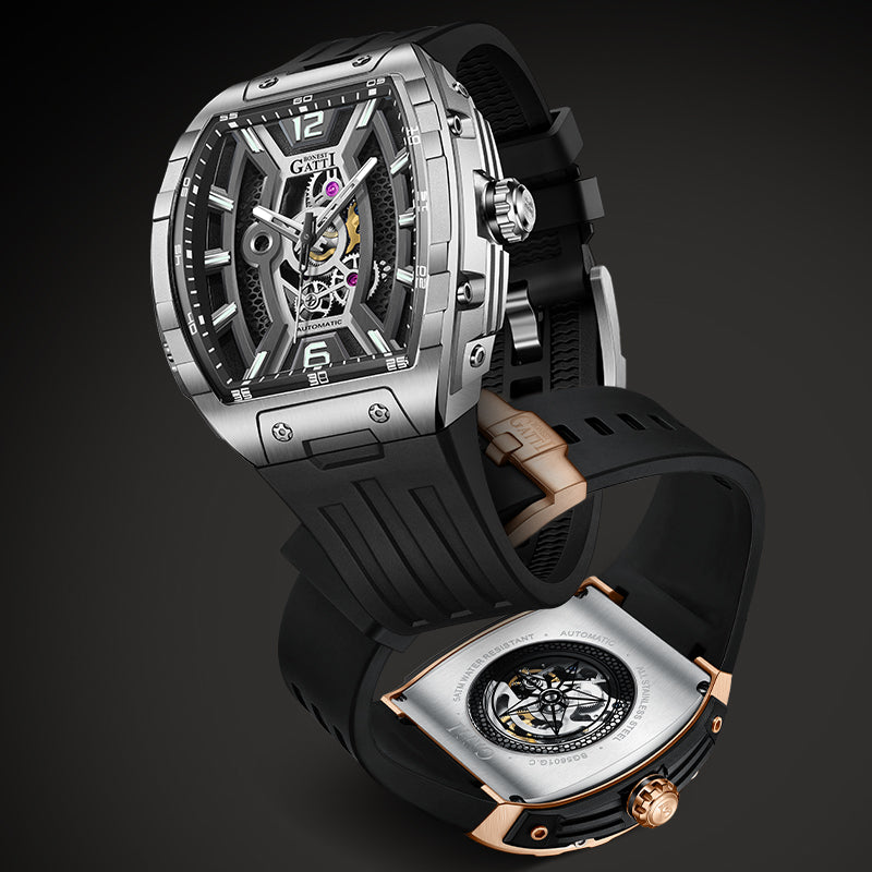 BONEST GATTI Automatic Tonneau Men Watch Barrel shaped Case Skeleton Self Wind Movement Wristwatch Luminous BG5601