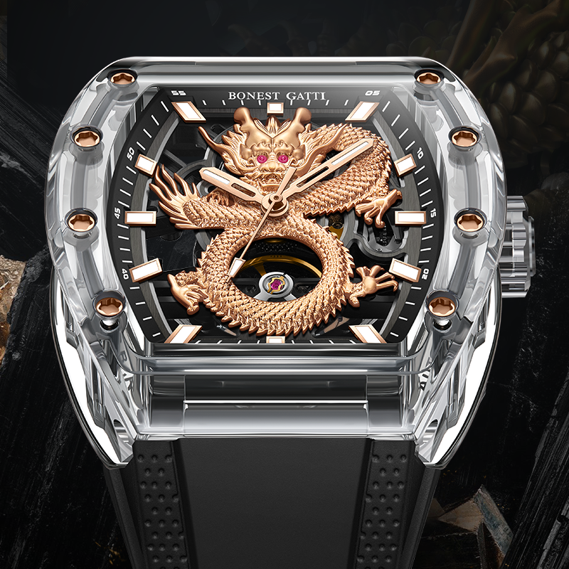 BONEST GATTI Crystal Case Dragon Barrel shaped Skeleton Movement K9 Crystal Case Fluororubber Strap Watch Luminous GB9980