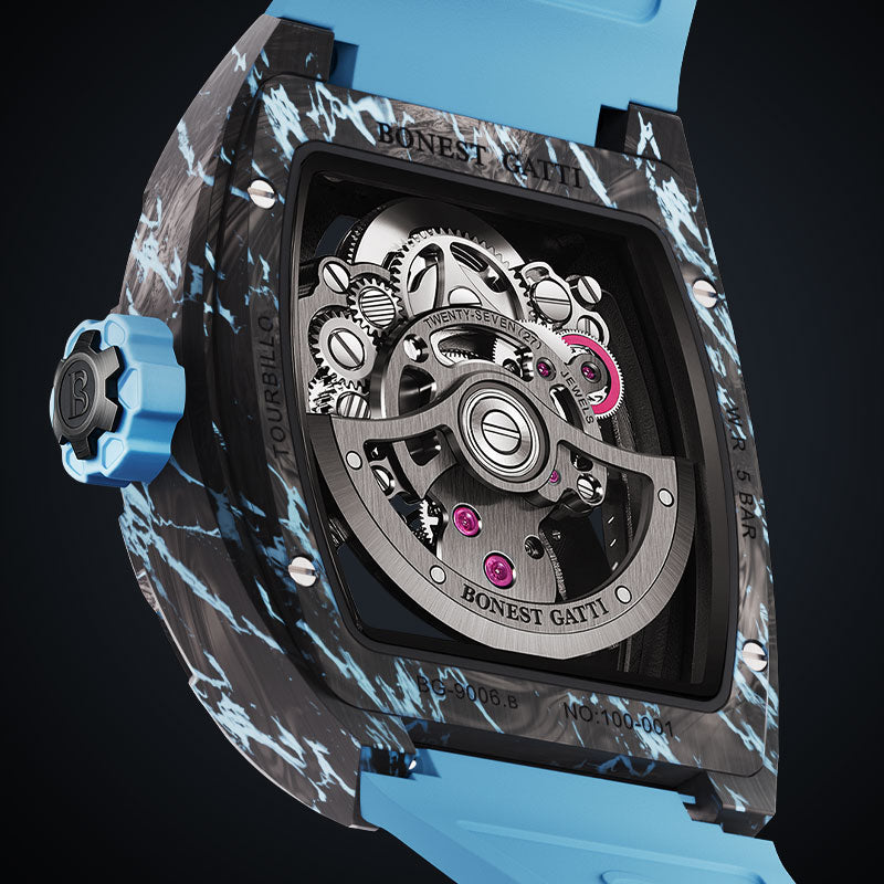 BONEST GATTI Automatic Tourbillon Movement Tonneau Shaped Forged Carbon Fiber Case Sapphire Crystal Fluororubber Strap Luminous BG7003