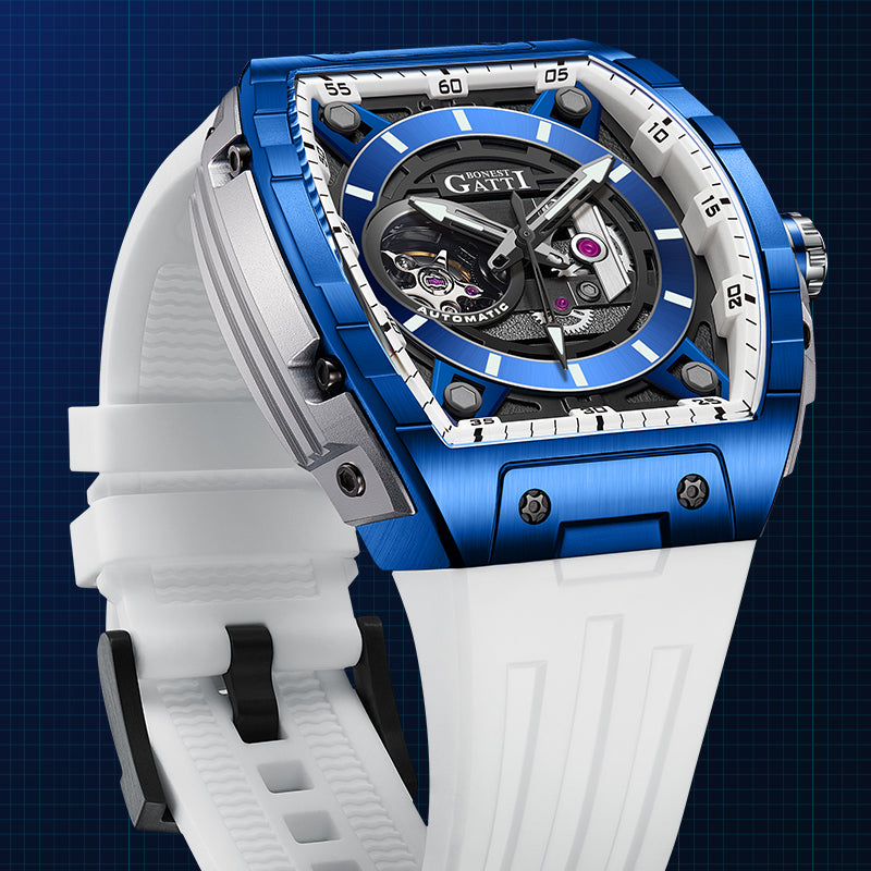 BONEST GATTI Tonneau Automatic Men Watch Barrel shaped Skeleton Self Wind Movement Watch Sapphire Crystal Luminous BG5602